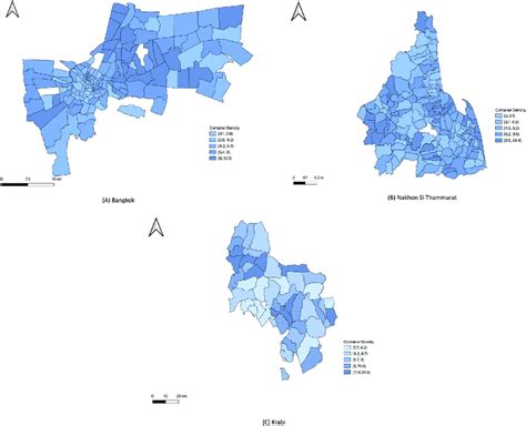 Container density by population (A) Bangkok (B) Nakhon Si Thammarat (C ...