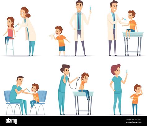 Kids vaccinating. Doctor gives injection to childrens medical healthcare vector concept cartoon ...