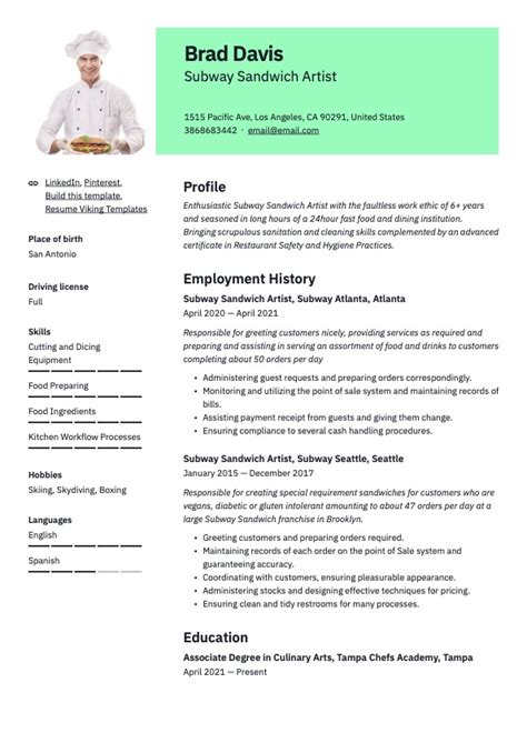 Subway Sandwich Artist Resume Examples & Guide | Free Downloads