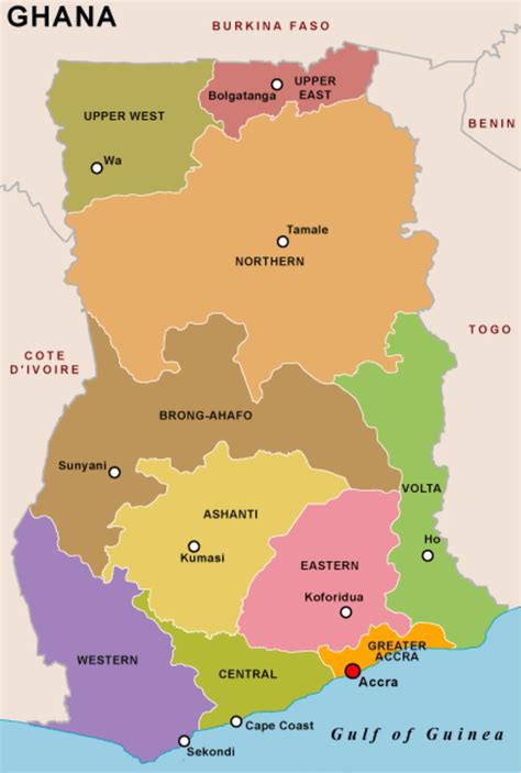 Ghana regions map - Ghana map and regions (Western Africa - Africa)