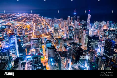 Downtown Chicago Skyline At Night As Seen From The John Hancock ...