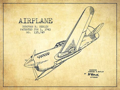 Airplane patent Drawing from 1943-Vintage Digital Art by Aged Pixel - Pixels