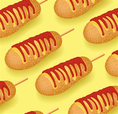 Premium Vector | Korean street food corn dog sausage in dough on a stick with ketchup and mustard