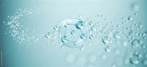 Cosmetic Essence, Liquid bubble, Molecule inside Liquid Bubble on water background, 3d rendering ...