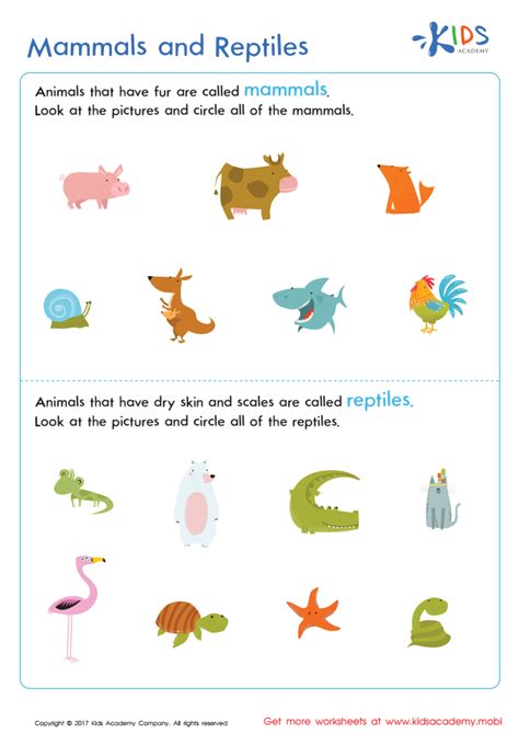 Mammals and Reptiles Worksheet: Free Animal Printable PDF for Kids