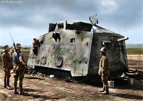 WWI Australian Army Troops capturing a ruined German A7V tank "Memphisto", 1918 (Colorized by Me ...