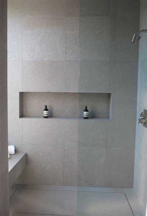 Proper length recessed shower shelf - add feature tile tho. One877 Rising Glen Guest Bathroom ...