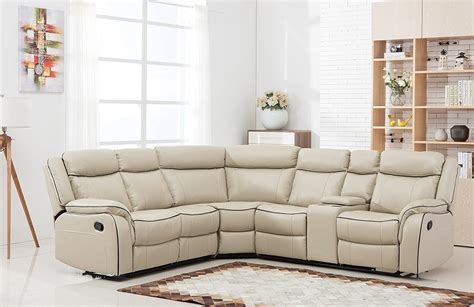 Large Classic Couch Bonded Leather Fabric Reclining Corner Sectional Sofa Beige | eBay