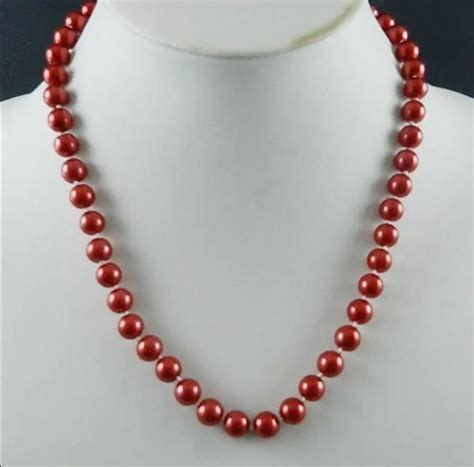 8mm Red South Sea Shell Pearl Necklace 18" AAA+ Red Bead Choker Necklaces Women inci kolye-in ...