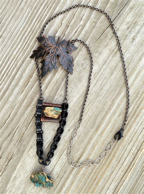 Artisan Jewelry Statement Pendant Necklace Blue Stone Leaf Mixed Metal ...