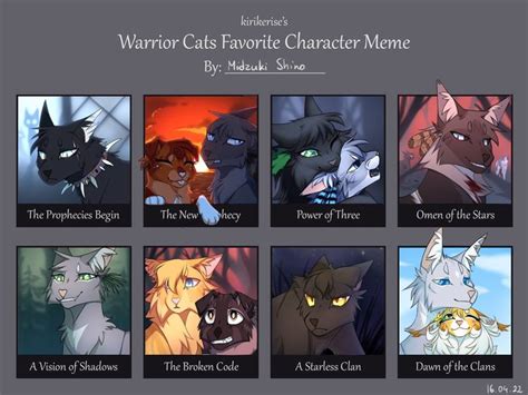 the warrior cats character meme is shown in different colors and sizes, with their names on