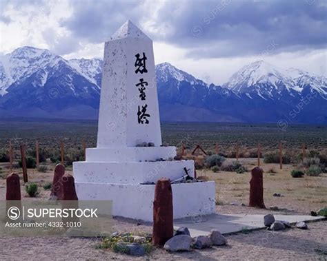 Cemetery Monument at Manzanar War Relocation Center where 11,070 Japanese Americans were ...