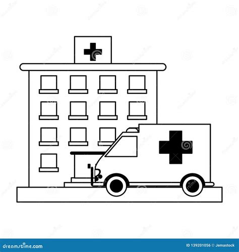 Hospital Building and Ambulance Black and White Stock Vector - Illustration of urgency, business ...