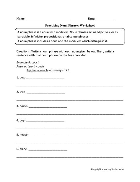 Nouns Worksheets | Noun Phrases Worksheets