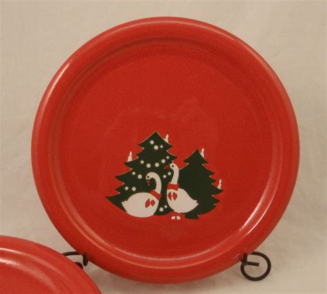 Waechtersbach Germany RED CHRISTMAS GEESE Lot of 6 Salad Plates 7 3/4" in Goose - KC's Attic