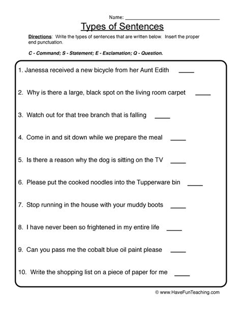 Types of Sentences Worksheet 1