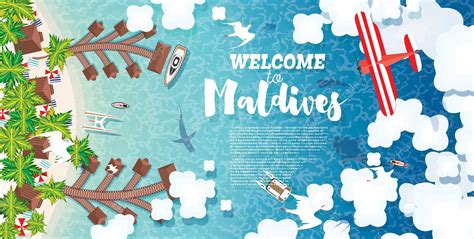 Premium Vector | Maldives beach on island summer background with tropical beach palms hotel ...