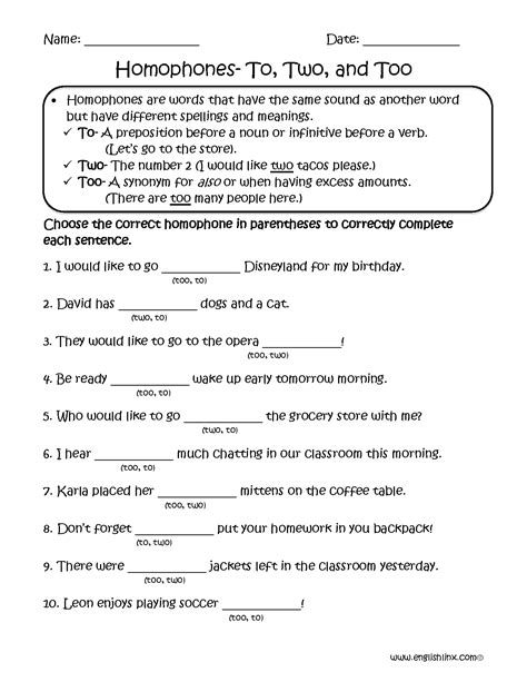 Homophones Worksheets | Choosing To, Two, Too Homophones Worksheets ...