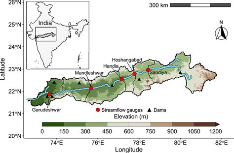 Map of the Narmada River basin, including five sub‐basin outlets (red... | Download Scientific ...