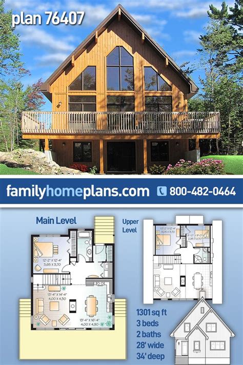 Plan 76407 | Four-Season Lakefront or Ski Mountain Chalet House Plan w/ 3 Beds, 2 Baths ...