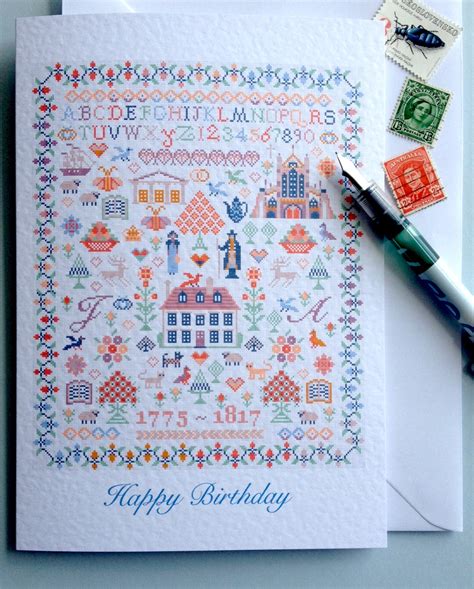 BIRTHDAY GREETINGS CARD Jane Austen Sampler - Riverdrift Needlework