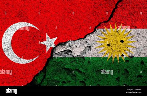 Turkey and Kurdistan conflict, war concept. Flags background, cracked ...