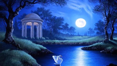 Buy Avikalp AWI3116 Swan Lake Night Full Moon Trees Grass Hd 3D Look Scenery Wallpaper for Walls ...