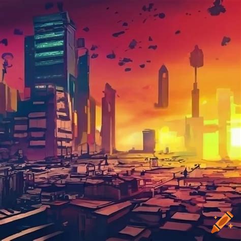 Futuristic anime city wasteland with sun on Craiyon