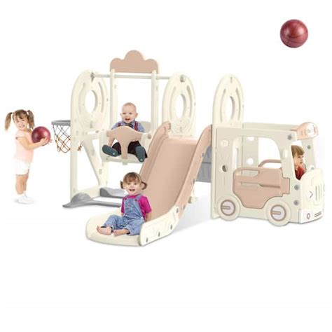 SEEUTEK Nylene 7 ft. Beige Coffee Toddler Slide Indoor Outdoor Backyard Playground Baby Slide ...