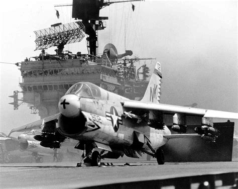 1968 - A shot of one of the first Royal Mace A-7A Corsair II jets in action off of Vietnam in ...