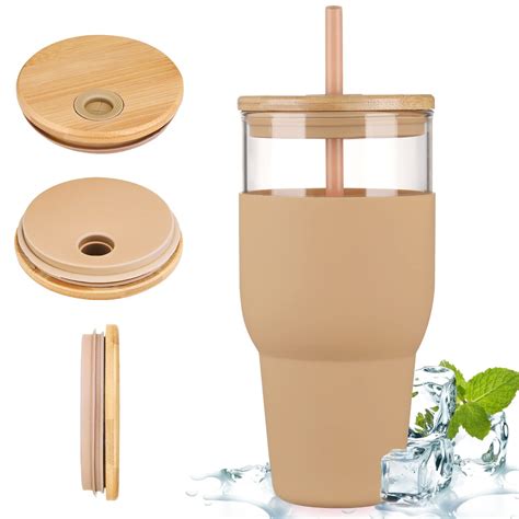 kytffu 32oz Glass Tumbler with Straw and Lid, Reusable Boba Smoothie Cup Iced Coffee Tumbler ...