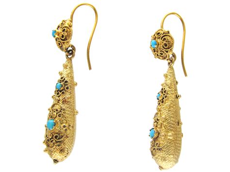 Gold Georgian Turquoise Set Drop Earrings - The Antique Jewellery Company