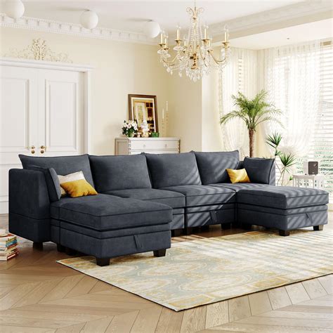 P PURLOVE Modern Large Sectional Sofa, U-Shape Modular Sectional Sofa with Storage Function and ...