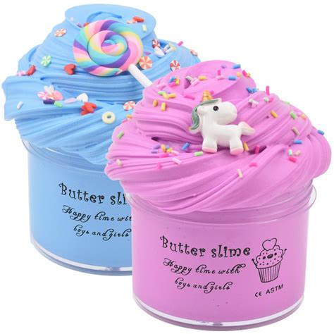 Unicorn Butter Slime Pink Purple Colors with Sprinkles, Blue Candy Slime with Fimo Slices ...