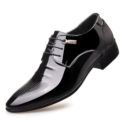 Black Formal Business Dress Shoes Pointed Toe Oxford Shoes For Men British Style Lace Up Patent ...