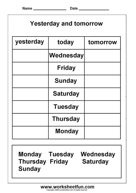 Days of the week: Yesterday and tomorrow worksheet | Special education worksheets, School ...