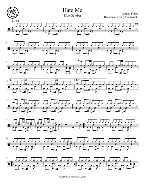 Blue October - Hate Me sheet music for Percussion download free in PDF or MIDI