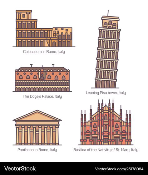 Set isolated italian famous landmarks italy Vector Image