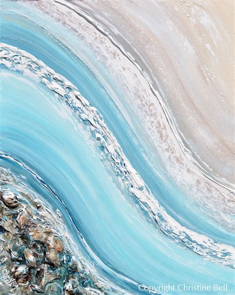 ORIGINAL Abstract Ocean Painting Coastal Blue White Rocks Beach Decor ...