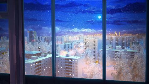 Silent night, moon, city, window, anime, manga, lights, blue, winter, HD wallpaper | Peakpx