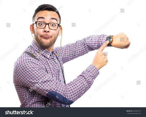 Funny Nerd Pointing His Watch Stock Photo 249450121 | Shutterstock