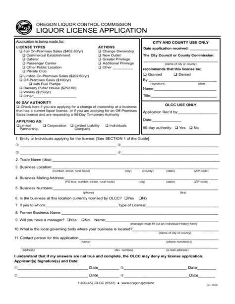 Liquor Licence Application Form - Oregon Free Download