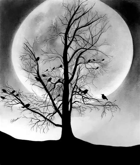 Original Pencil Drawing, Tree With Moon Landscape, Scenery, Wall Decor ...