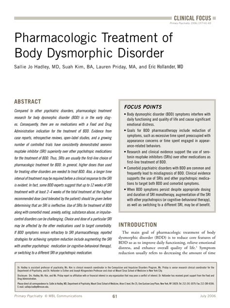 (PDF) Pharmacologic treatment of body dysmorphic disorder