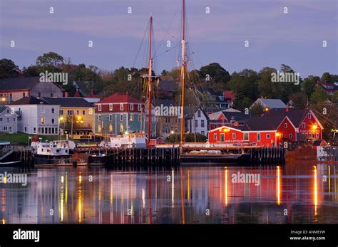 Waterfront and town of Lunenburg at sunset, Lunenburg Harbour ...