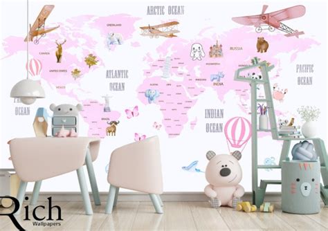 Animals World Map for Kids Wallpaper Design Wallpaper / Peel | Etsy