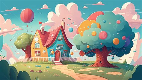 House Big Tree Cute Cartoon Illustration Background, House, Big Tree, Cute Cartoon Illustration ...