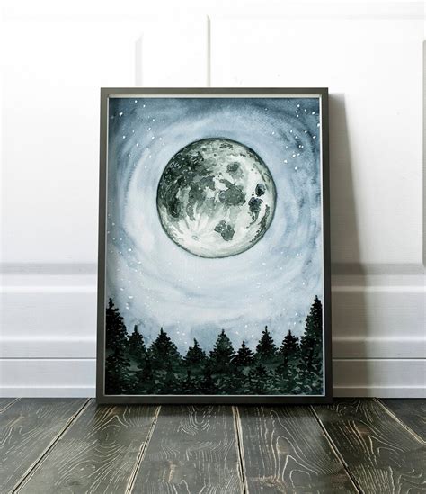 Moon Print, Forest Painting, Full Moon Print, Large Framed Poster ...