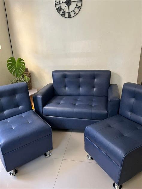 2 SEATER LEATHER BLUE SOFA SET on Carousell