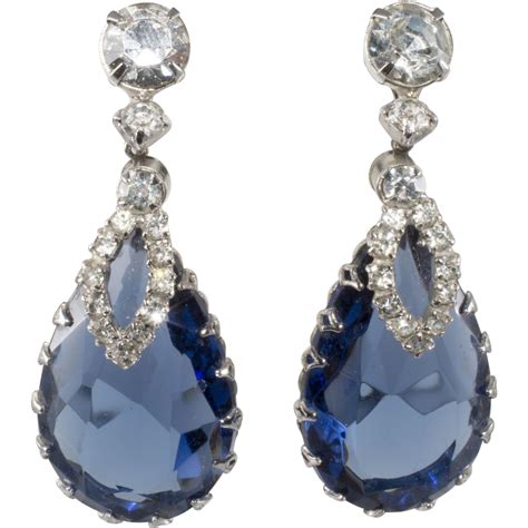 Sapphire Blue Rhinestone Dangle Earrings from rubylane-sold on Ruby Lane